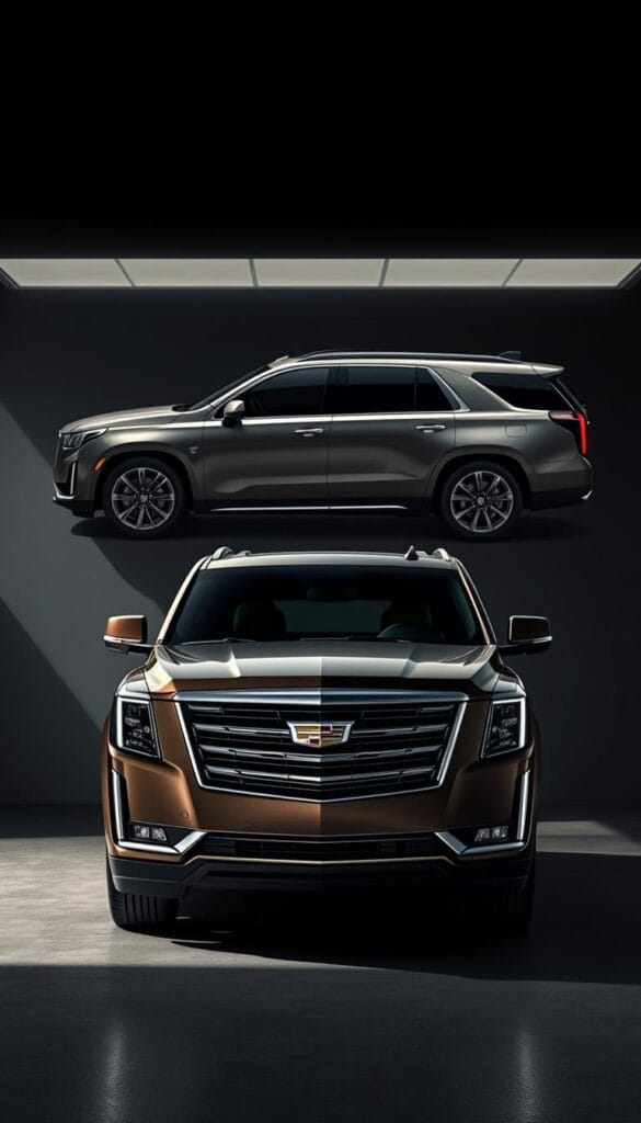 A stunning evolution of Cadillac's flagship Escalade SUV, showcasing its luxurious transformation over the years. In the foreground, the latest 2024 model exudes an air of sophistication, its sleek, aerodynamic silhouette highlighted by crisp, clean lines and a bold, distinctive grille. The midground features a side-by-side comparison, highlighting the progressive design changes that have elevated the Escalade into a true symbol of automotive opulence. In the background, a dramatic, moody lighting setup casts dramatic shadows, creating a sense of depth and emphasizing the vehicle's commanding presence. Rendered with impeccable detail, this image captures the essence of Cadillac's unwavering commitment to redefining the luxury SUV experience.