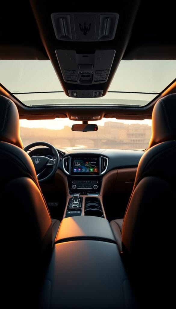 A stunning, high-quality interior of the Maserati Levante luxury SUV. The cabin is bathed in warm, soft lighting that highlights the exquisite craftsmanship and premium materials. The sleek, harmonious dashboard features intricate stitching and brushed aluminum accents, creating a seamless, high-tech aesthetic. The front seats are upholstered in supple, perforated leather that promises exceptional comfort and support. In the middle, a large, responsive touchscreen dominates the center console, blending functionality with elegant design. The side doors showcase elegant, sculpted door panels with integrated speakers, hinting at the refined acoustic engineering within. The overall atmosphere is one of luxurious refinement, where cutting-edge technology meets traditional Italian artistry.