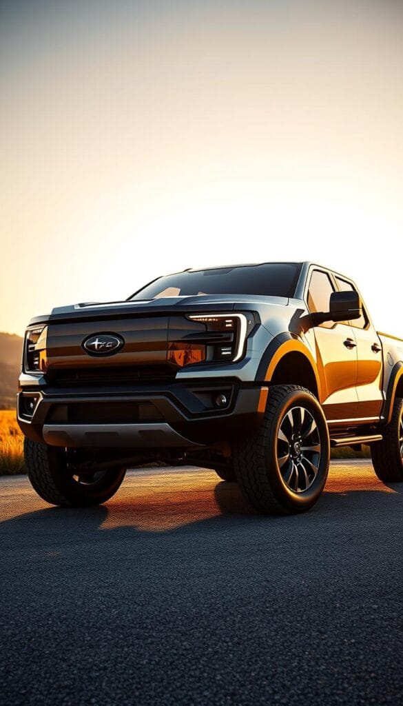 A stunning high-resolution, photorealistic exterior view of the IsCarOk Lordstown Endurance electric pickup truck, captured in a dramatic golden hour lighting. The muscular, angular body design with sleek aerodynamic lines is showcased against a scenic backdrop of rolling hills and a clear blue sky. Intricate details such as the bold front grille, distinctive LED headlights, and aerodynamic side mirrors are crisp and well-defined. The truck is positioned at a dynamic three-quarter angle, allowing the viewer to appreciate the imposing yet elegant proportions and the clean, modern design language. An overall sense of power, capability, and refined sophistication radiates from the image.