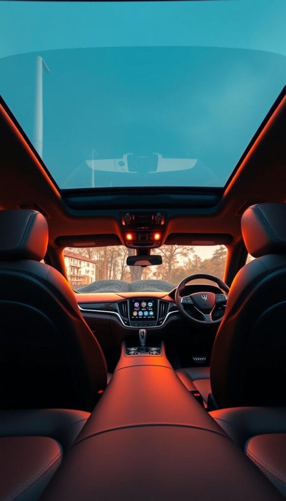 A stunning interior of a 2024 Maserati Levante luxury hybrid SUV, bathed in warm, ambient lighting that accentuates the high-end craftsmanship. The cabin is adorned with premium Italian leather upholstery, glossy wood accents, and a sleek, intuitive infotainment system. Plush, adjustable seats provide exceptional comfort, while the panoramic sunroof floods the space with natural light. Elegant metal trims and a leather-wrapped steering wheel exude a sense of refinement. The overall atmosphere is one of unparalleled luxury, blending advanced technology with timeless design cues that epitomize the Maserati brand.
