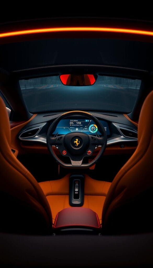 A stunning interior shot of the 2024 Ferrari SF90 Spider's digital cockpit, showcasing its cutting-edge technology. The driver's seat is centered, offering a clear view of the sleek, high-resolution display panel. Backlighting subtly illuminates the dashboard controls, creating a sophisticated, futuristic ambiance. The steering wheel features seamless integration of touch-sensitive controls, allowing for intuitive command of the vehicle's advanced driver assistance systems. Soft, premium leather upholstery and carbon fiber accents exude the brand's renowned craftsmanship. Warm, directional lighting casts a warm glow across the cabin, complementing the dynamic instrumentation and creating an immersive, driver-focused experience.