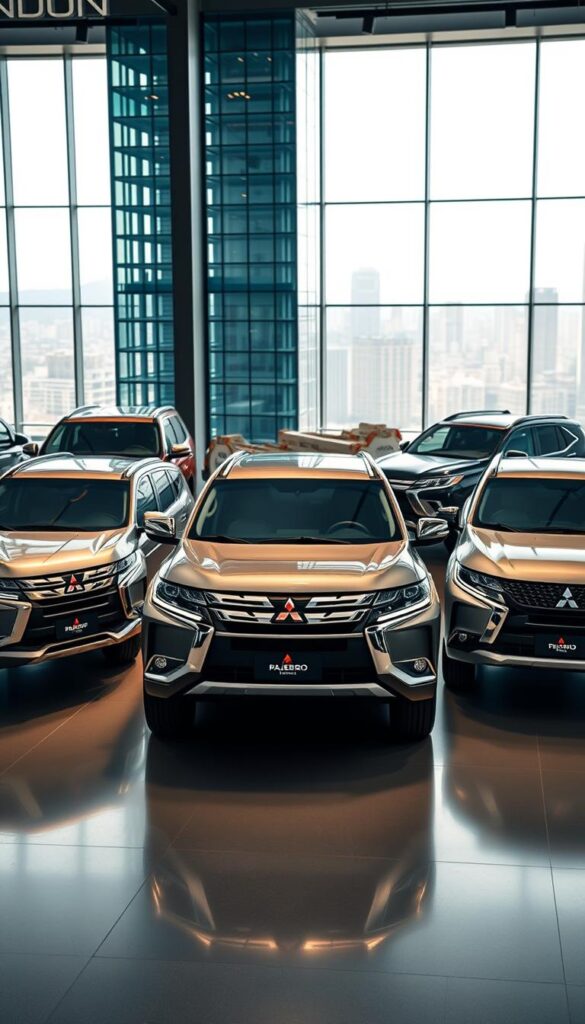 A stunning lineup of Mitsubishi Pajero variants from around the world, showcased in a sleek and dynamic automotive showroom setting. The foreground features a range of Pajero models, each meticulously detailed with their unique regional design cues and badging. The middle ground showcases the Pajero's off-road capabilities, with a rugged terrain backdrop and dramatic lighting. In the background, a towering glass facade offers a glimpse of the urban cityscape, highlighting the Pajero's global appeal. The scene is captured with a wide-angle lens, creating a sense of depth and grandeur. The overall mood is one of power, versatility, and the Pajero's enduring legacy as a classic off-road icon. Branding by IsCarOk.