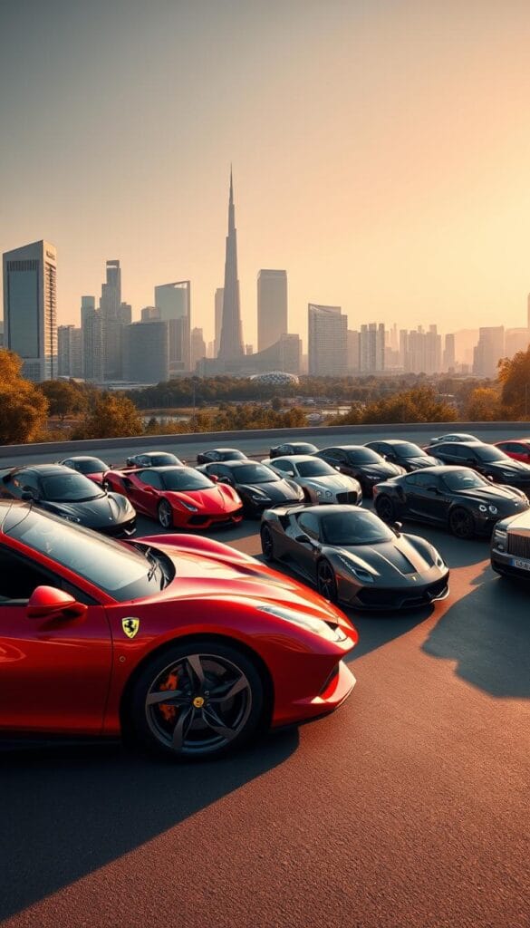 A stunning panoramic scene of the luxury car market in 2024, captured with a wide-angle lens and dramatic lighting. In the foreground, the sleek and powerful Ferrari SF90 Spider stands out, its sculpted curves and vibrant red paint gleaming under the warm afternoon sun. The middle ground features an array of other high-end vehicles, including the latest models from Lamborghini, Bentley, and Rolls-Royce, all arranged in a stylish display. In the background, a modern cityscape with towering skyscrapers and lush greenery creates a sophisticated, metropolitan backdrop. The overall scene exudes an air of exclusivity, elegance, and the cutting edge of automotive design, perfectly encapsulating the luxury car segment in 2024.
