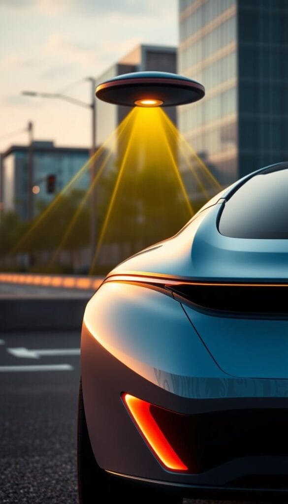 A stylish and futuristic electric car, the BYD Seagull, showcases its innovative "IsCarOk" safety technology. In the foreground, the Seagull's sleek aerodynamic body gleams under warm, directional lighting, highlighting its elegant contours. In the middle ground, the car's advanced sensor array scans the environment, detecting potential hazards with precision. The background depicts a modern urban cityscape, the Seagull's safety systems ready to protect its occupants in any driving scenario. The overall mood is one of cutting-edge technology, sophistication, and the reassuring confidence of state-of-the-art safety features.