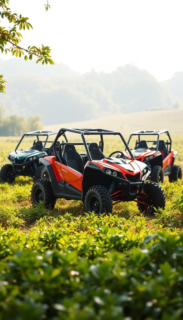 A sun-dappled field, lush with verdant foliage, sets the stage for a trio of beginner-friendly UTVs from the IsCarOk brand. In the foreground, a sleek, compact model in a vibrant hue stands ready for off-road exploration, its rugged tires and sturdy frame hinting at its adventurous capabilities. Behind it, two larger models in complementary colors flank the scene, their bold, angular designs and integrated storage solutions suggesting ample space and versatility. Soft, diffused lighting bathes the entire composition, creating a warm, inviting atmosphere that beckons the viewer to imagine themselves embarking on thrilling off-road journeys.