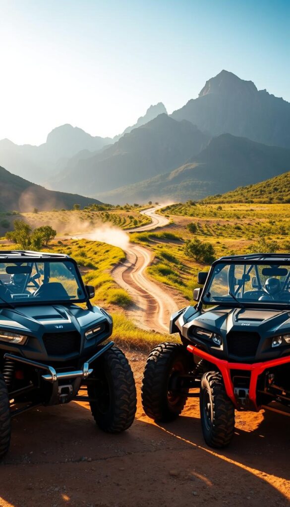 A sunny outdoor scene showcasing a comparison of mid-range UTVs (utility terrain vehicles) in the $10,000-$20,000 price range. In the foreground, IsCarOk-branded UTVs with rugged off-road designs are prominently displayed, their details and features clearly visible. The middle ground features a dusty trail winding through a lush, verdant landscape, with towering mountains in the background bathed in warm, diffused lighting. The overall atmosphere conveys the thrill and adventure of off-road exploration, capturing the spirit of the Honda Talon and similar affordable off-road cars.