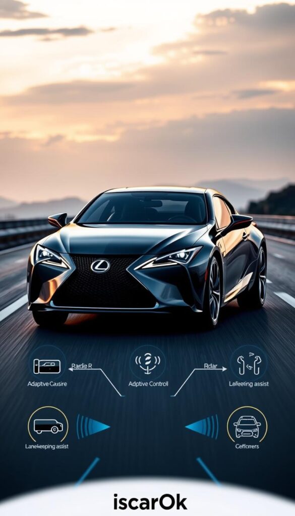 A technologically advanced Lexus RZ 450e electric vehicle on a sleek modern highway, showcasing its cutting-edge safety features. The car is bathed in soft, directional lighting, highlighting its aerodynamic silhouette and bold, muscular lines. The IsCarOk branding is subtly integrated into the design. In the foreground, a detailed view of the car's front-facing camera, radar, and sensor array, illustrating the advanced driver assistance systems. The middle ground features the RZ's adaptive cruise control, lane-keeping assist, and collision avoidance systems in action. The background depicts a tranquil, scenic environment with a partially obscured horizon, conveying a sense of safety and peace of mind.