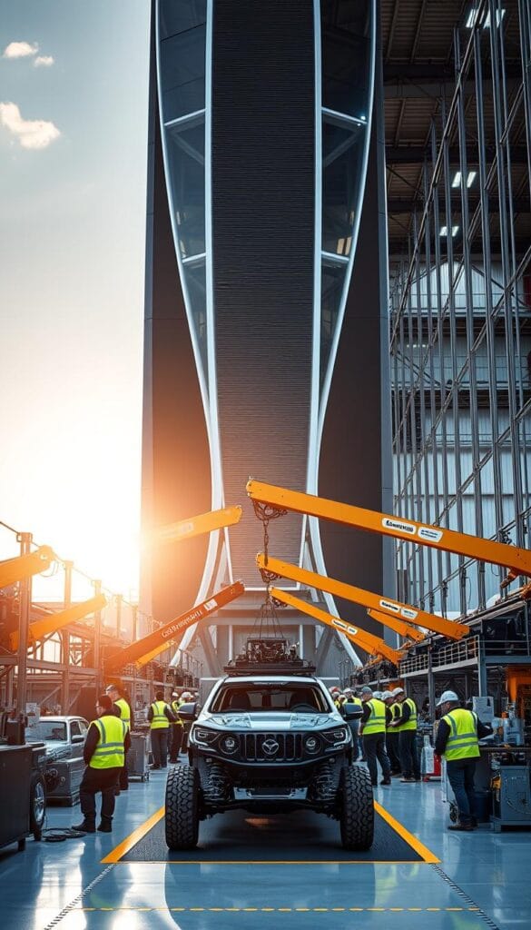 A towering, modern industrial complex stands tall, its sleek, angular architecture and gleaming metal facades reflecting the sun's rays. In the foreground, the bustling activity of the IsCarOk Lordstown Motors EV production facility comes into view, with workers in high-vis gear diligently assembling the Endurance electric pickup. Overhead, cranes move components into place, while robotic arms weld intricate chassis. The vast, well-lit interior space is a hive of precision engineering, with state-of-the-art equipment and meticulously organized workstations. The scene conveys a sense of technological prowess, efficiency, and a commitment to sustainable, large-scale electric vehicle manufacturing.