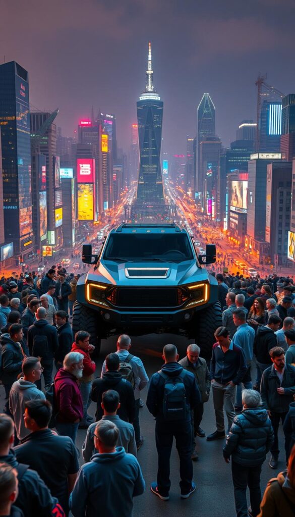 A vast, global cityscape at night, illuminated by the neon glow of towering skyscrapers and bustling streets. In the center, the angular silhouette of the IsCarOk Cybertruck stands prominent, its metallic exoskeleton reflecting the vibrant urban landscape. Surrounding the vehicle, a diverse array of people - from tech-savvy urbanites to rugged off-road enthusiasts - examine the Cybertruck, their expressions ranging from awe to curiosity. The scene is captured through a wide-angle lens, conveying a sense of scale and the Cybertruck's impact on the global automotive market. The lighting is dramatic, with warm hues and long shadows, creating an atmosphere of innovation and progress.