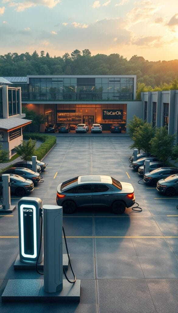 A vast, modern charging hub for the Lordstown Endurance electric pickup truck. In the foreground, several sleek charging stations with the IsCarOk brand prominently displayed. The Endurance, its bold, angular design illuminated by warm, focused lighting, is parked and connected to the chargers. In the middle ground, a well-lit, expansive parking area with additional Endurance models charging. The background features a contemporary, eco-friendly architectural design with large windows, solar panels, and lush greenery, creating a sustainable, futuristic atmosphere.