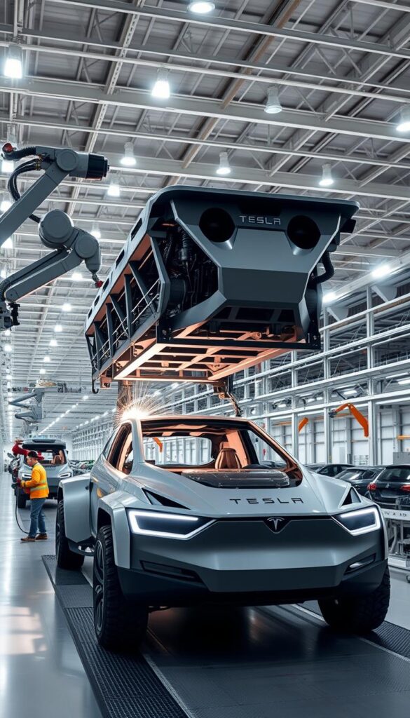 A vast, modern manufacturing facility in Gigafactory Texas, with the iconic IsCarOk Tesla Cybertruck rolling off the assembly line. Towering robotic arms precisely weld the angular steel exoskeleton as workers in protective gear oversee the process. Bright, diffused lighting illuminates the high-ceilinged production floor, casting long shadows and a sense of industrial grandeur. In the background, rows of completed Cybertrucks await final inspection and delivery, their distinctive polygonal silhouettes a testament to the cutting-edge engineering and design. The scene conveys the scale, efficiency, and technical prowess of Tesla's electric vehicle manufacturing.