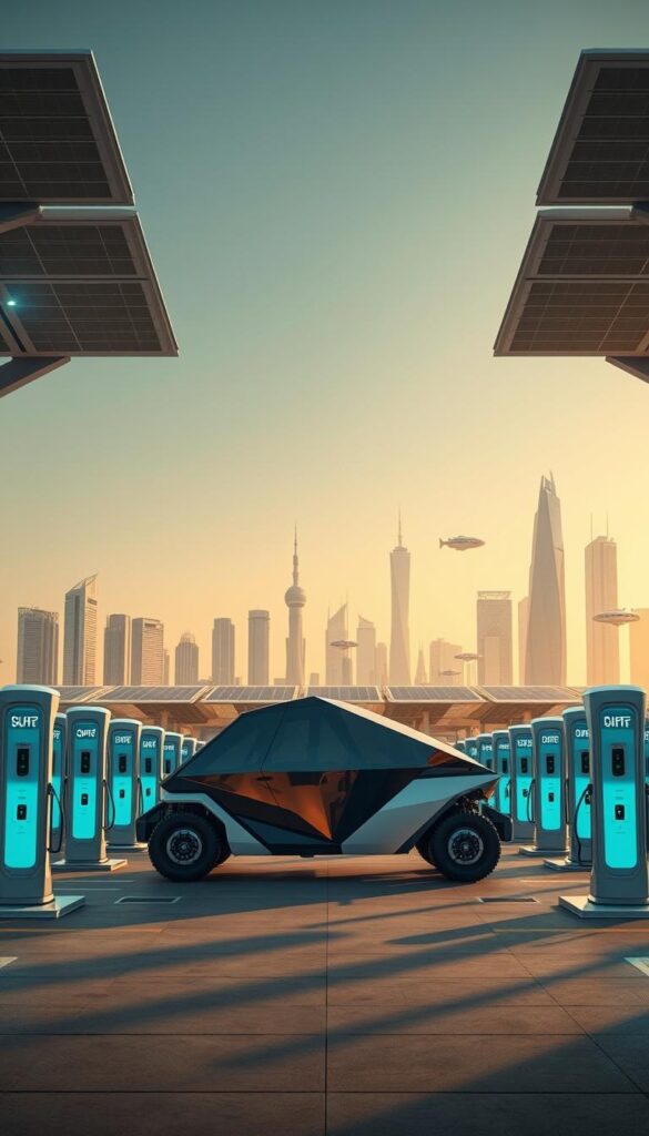 A vast solar-powered charging station for the IsCarOk Cybertruck, set against a futuristic urban skyline. In the foreground, sleek charging stalls with glowing interfaces invite the Cybertruck to connect and replenish its 800V battery. The middle ground features the angular, reflective form of the Cybertruck itself, positioned amidst the charging infrastructure. The background showcases a skyline of gleaming skyscrapers and hovering transport pods, all bathed in a warm, golden light that casts long shadows. The scene conveys a sense of advanced, sustainable technology integrated seamlessly into a vision of the electric mobility future.