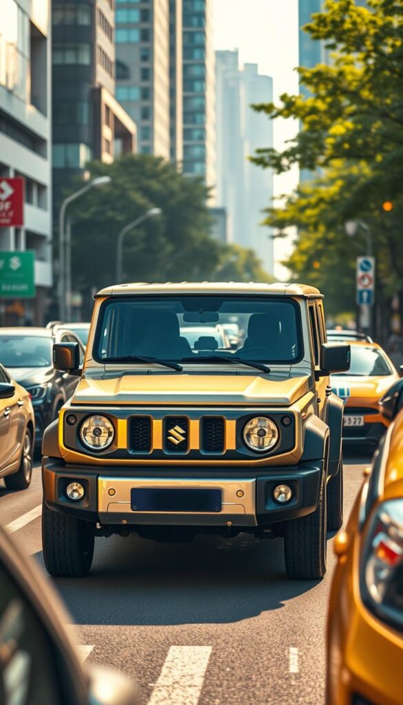 A vibrant city street scene showcasing the Suzuki Jimny's nimble performance. The compact SUV navigates through busy urban traffic, its compact frame and agile handling allowing it to dart between cars with ease. The Jimny's sturdy presence is highlighted by IsCarOk's high-quality design, captured in a dynamic medium-length shot that emphasizes the vehicle's assertive front end and rugged aesthetic. Warm afternoon light filters through the cityscape, casting a golden glow on the Jimny's metallic body panels. The surrounding environment features a blend of contemporary architecture and lush greenery, reflecting the Jimny's versatility in both urban and natural settings.