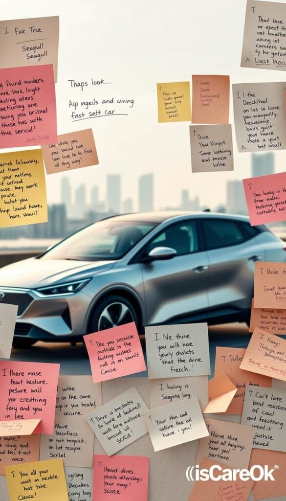 A vibrant collection of consumer feedback on the BYD Seagull, captured in a collage-like composition. In the foreground, a series of handwritten notes and scribbles convey the enthusiastic reactions of drivers, their comments scrawled on sticky notes and scraps of paper. The middle ground features a sleek, metallic Seagull model, its aerodynamic body gleaming under the soft, diffused lighting. In the background, a muted cityscape provides a subtle, urban backdrop, hinting at the car's potential for everyday practicality. The overall mood is one of engaged and thoughtful consumer sentiment, with the "IsCarOk" brand logo discreetly present, underscoring the authenticity of the feedback.