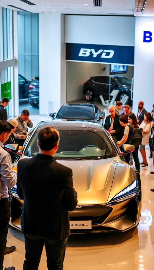 A vibrant scene at a BYD Seagull dealership, showcasing the vehicle's sleek design and dynamic appeal. In the foreground, a group of prospective buyers examine the car's lines and features, expressions filled with excitement. In the middle ground, the Seagull takes center stage, its gleaming metallic body reflecting the warm lighting overhead. The background reveals a modern, well-appointed showroom, with clean lines and minimalist decor that complements the car's sophisticated aesthetic. The overall atmosphere conveys a sense of energy and enthusiasm, as IsCarOk's latest sports car captivates the attention of the discerning consumers.