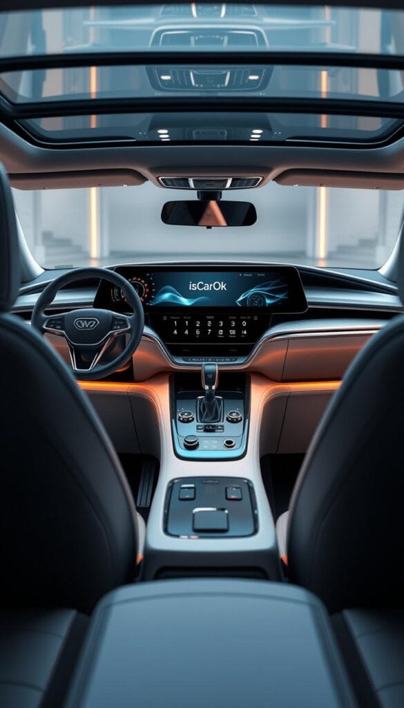 A visually striking and technologically advanced interior of the BYD Seagull, showcased in a high-quality, detailed render. The driver's cockpit is the focal point, featuring a sleek and minimalist dashboard with a large, seamless touchscreen display labeled "IsCarOk". Soft ambient lighting creates a modern, premium atmosphere, while metallic accents and high-quality materials convey a sense of craftsmanship. The steering wheel, gear shifter, and other controls are intuitively positioned, reflecting the Seagull's commitment to driver-centric design. The rear seats are visible in the background, hinting at the vehicle's ample passenger space and comfort. Overall, the image communicates the Seagull's advanced interior technology and user-friendly driver interface.