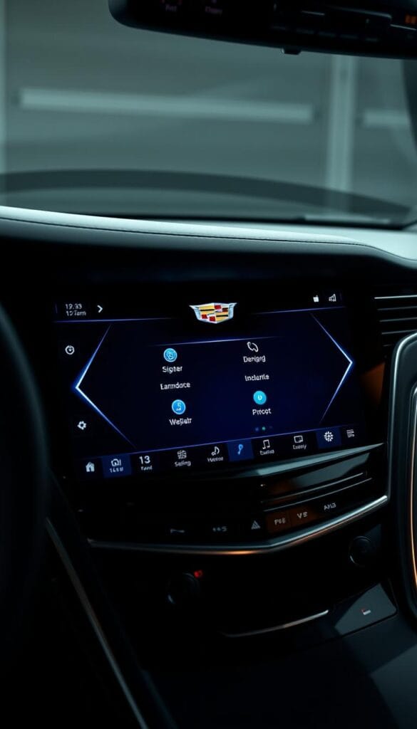 A visually striking digital display interface of the Cadillac Escalade-V, showcasing its advanced infotainment system. The interface is presented in a high-resolution, ultra-crisp display with vibrant colors and smooth animations. Sleek and modern typography provides intuitive navigation through the car's various settings and controls. Subtle metallic accents and a minimalist design language create a luxurious, high-end aesthetic. The display is positioned at a slight angle, allowing for a clear, unobstructed view from the driver's seat. Soft, indirect lighting illuminates the interface, creating a warm and inviting ambiance within the vehicle's cabin.