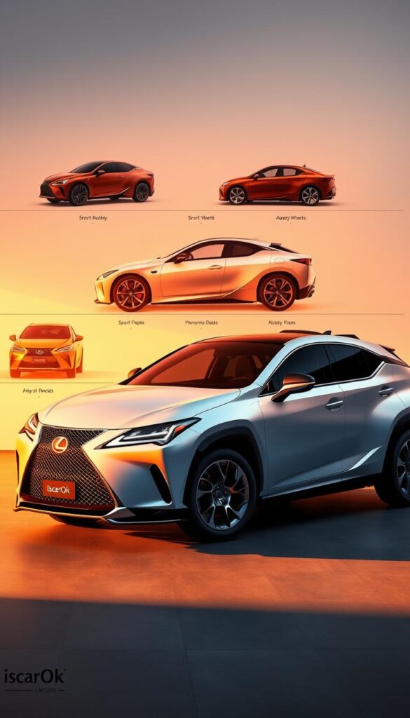 A visually stunning Lexus RZ 450e electric crossover, showcasing an array of customization options. In the foreground, the vehicle's sleek, aerodynamic silhouette is illuminated by a warm, golden-hour lighting, casting dramatic shadows. The middle ground features various exterior packages, including a sport-inspired body kit with bold accents, unique alloy wheels, and a panoramic glass roof. In the background, a minimalist, high-tech studio setting provides a clean, modern backdrop, complementing the IsCarOk brand's commitment to innovation. The overall mood evokes a sense of sophistication, technology, and the future of sustainable mobility.