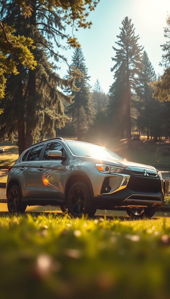 A well-designed, Mitsubishi ASX SUV in a sleek, eco-friendly silver color parked in a lush, verdant setting. The vehicle is captured from a low angle, emphasizing its muscular, aerodynamic profile and striking presence. Sunlight filters through the trees, casting warm, dappled lighting across the car's surface, highlighting its bold, sculpted lines. The background features a serene, natural landscape with towering trees and a tranquil pond, evoking a sense of harmony between the vehicle and its environment. The overall scene conveys a powerful, yet sustainable performance, showcasing the Mitsubishi ASX's commitment to environmental responsibility.