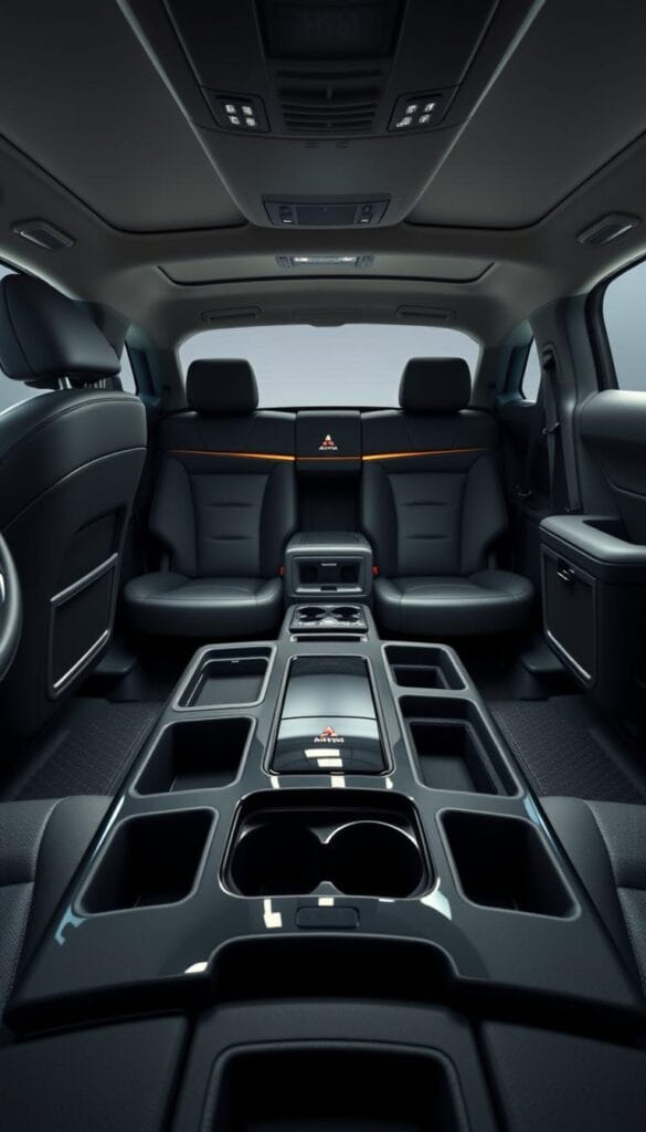 A well-lit and immaculately detailed interior of the 2025 Mitsubishi ASX luxury vehicle, showcasing its expansive cabin storage solutions. In the foreground, a large center console with a sleek, glossy finish houses numerous compartments and cubbies, perfectly organized to accommodate all of the driver's and passengers' necessities. The middle ground reveals a spacious glovebox and door pockets, all elegantly designed to maximize storage capacity. In the background, the plush, leather-upholstered seats and premium materials create a sense of refined sophistication. Soft, diffused lighting illuminates the cabin, accentuating the vehicle's premium craftsmanship and attention to detail.