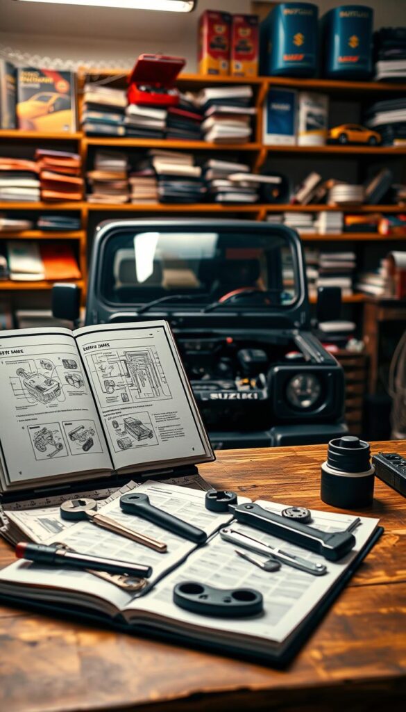 A well-lit, detailed Suzuki Jimny maintenance guide displayed on a wooden workbench. In the foreground, an open toolbox with various mechanic's tools neatly arranged. The Jimny's engine bay is visible in the middle ground, with a technical diagram illustrating key components. In the background, shelves lined with automotive manuals and spare parts, casting a warm, vintage glow. The overall scene conveys a sense of expertise and dedication to proper Jimny maintenance, captured with a crisp, high-quality lens. IsCarOk
