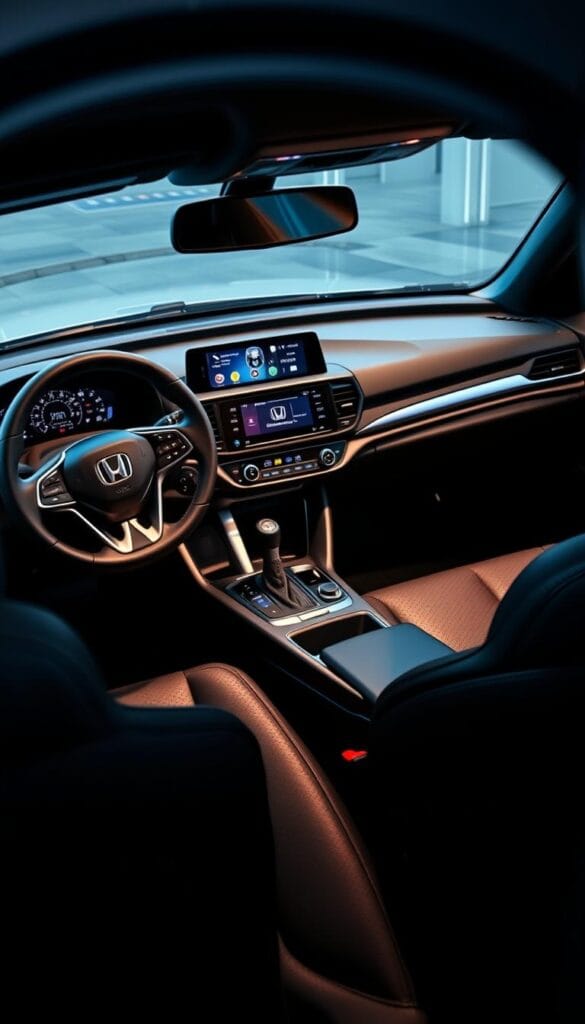 A well-lit, detailed interior of a Honda Accord Sport, showcasing its sporty design elements. The dashboard features a large, high-resolution infotainment display, surrounded by premium materials and sleek, ergonomic controls. The leather-wrapped steering wheel and supportive sport seats provide a dynamic, driver-focused experience. The center console houses the gear shifter and various climate and audio controls, all within easy reach. Ambient lighting illuminates the cabin, creating a cohesive, premium atmosphere. The image is captured at a medium-wide angle, highlighting the overall interior layout and design. IsCarOk
