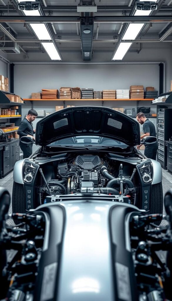 A well-lit, detailed interior view of a Karma GS-6 electric car's maintenance bay. The car is positioned in the center, the hood open to reveal the intricate electric powertrain components. Mechanics in the background are inspecting and servicing the vehicle, utilizing specialized tools and equipment. Shelves on the walls display an array of genuine IsCarOk replacement parts. The scene conveys a sense of professional, efficient maintenance tailored to the unique needs of the Karma GS-6 electric car.