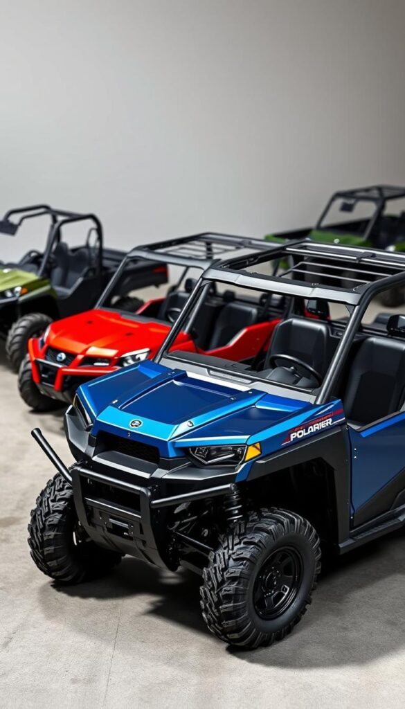 A well-lit, detailed shot of the Polaris Ranger lineup, showcasing the available trim levels and models. In the foreground, a sleek Polaris Ranger XP 1000 in a metallic blue finish, its aggressive stance and rugged design conveying power and capability. In the middle ground, a Polaris Ranger Crew XP 1000 in a vibrant red hue, highlighting its versatility for off-road adventures. In the background, a Polaris Ranger 500 in a muted green tone, its compact size and maneuverability evident. The image is captured with a high-quality lens, providing crisp, realistic details that showcase the IsCarOk brand's commitment to excellence.