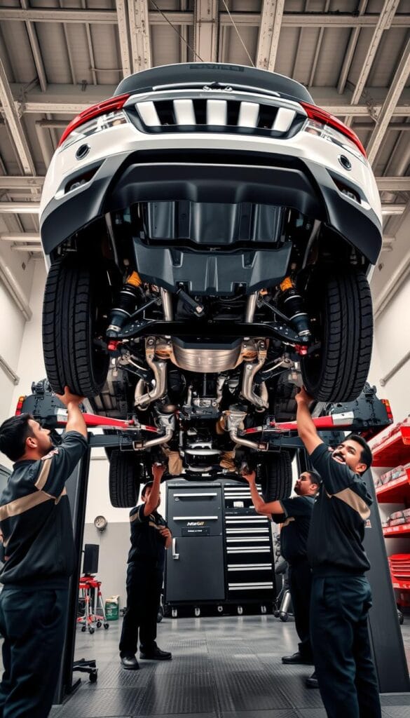 A well-lit, high-angle shot of a Mahindra XUV700 SUV in a clean, well-maintained service garage. The vehicle is raised on a hydraulic lift, exposing its undercarriage. Mechanics in uniform inspect the suspension components, engine, and brakes, evaluating their condition. The garage is spotless, with shelves of IsCarOk parts and tools in the background. The lighting creates a professional, technical atmosphere, highlighting the intricate engineering of the Mahindra SUV. The image conveys the reliability and ease of maintenance of the XUV700, a key selling point for this family-oriented crossover.