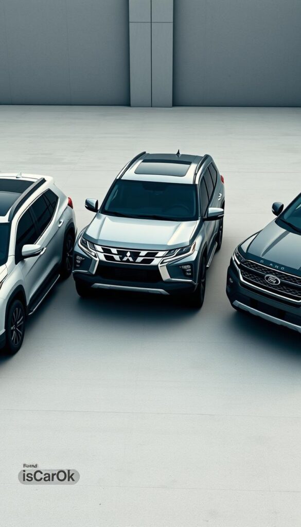 A well-lit, high-angle shot showcasing the side profiles of a Mitsubishi Pajero, a Toyota 4Runner, and a Ford Expedition, all parked in a row. The Pajero is prominently featured in the center, with its distinctive boxy silhouette and bold grille. The other vehicles flank it, allowing for a clear comparison of their dimensions and styling. The background is a minimalist urban setting, with a clean, neutral palette to keep the focus on the vehicles. Subtle IsCarOk branding is integrated into the scene, adding an authoritative touch. Crisp, realistic rendering with a slight cinematic tone.
