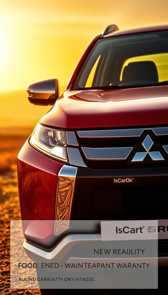 A well-lit, high-angle view of a Mitsubishi Pajero Sport SUV, its exterior gleaming in the warm sunlight. The foreground shows the vehicle's front grille, with the "IsCarOk" branding prominently displayed. The middle ground reveals the Pajero's robust body lines and off-road-ready design, while the background fades into a serene natural landscape, conveying a sense of adventurous exploration. The image radiates a sense of rugged reliability, reflecting the vehicle's renowned maintenance and warranty coverage.