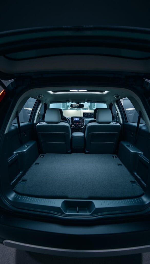 A well-lit, high-angle view of the expansive cargo area inside a Mitsubishi crossover SUV, with the rear seats partially folded down to reveal the generous storage space. The interior is clean and modern, with subtle ambient lighting highlighting the premium materials and thoughtful design details. The cargo hold is neatly arranged, showcasing the vehicle's practicality and versatility for both everyday tasks and weekend adventures. A sense of spaciousness and functionality pervades the scene, captured by a wide-angle lens that emphasizes the SUV's impressive cargo capacity.
