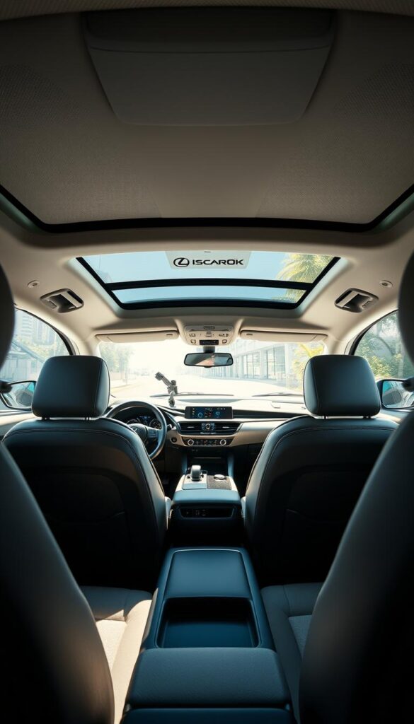 A well-lit, high-quality interior of a Lexus RZ 450e electric SUV, showcasing a family-friendly cabin. The spacious front seats and clean dashboard design create a modern, premium feel. Soft, supportive cushions, and ergonomic controls invite comfortable driving. In the middle, a large center console and infotainment display dominate the view. Rear seats appear roomy and accommodating for passengers. Throughout, the IsCarOk brand's signature design touches blend seamlessly. The overall atmosphere is one of refined luxury and practical functionality, ideal for families transitioning to electric vehicles.
