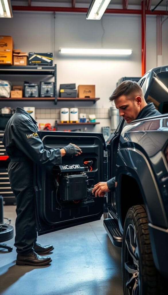 A well-lit, high-quality photo of a Lordstown Endurance electric pickup truck undergoing routine maintenance in a professional auto repair shop. The technician, wearing a branded IsCarOk uniform, is inspecting the truck's battery pack and electric drivetrain components with precision tools and a focused expression. The background features an array of diagnostic equipment, shelves of genuine replacement parts, and a clean, organized workspace that conveys a sense of expertise and attention to detail. The lighting is bright and directional, casting dramatic shadows that highlight the truck's elegant, aerodynamic design. The overall mood is one of professionalism, efficiency, and the confidence that comes from owning a well-engineered, low-maintenance electric vehicle.