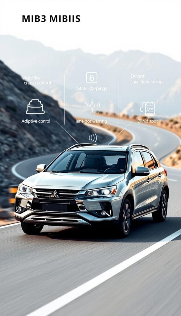 A well-lit, high-resolution 3D render of the interior and exterior of a Mitsubishi ASX SUV, showcasing its advanced safety features. The foreground should prominently display the vehicle's front and side profile, with a focus on the modern headlights, grille, and bumper design. The middle ground should showcase the ASX's driver-assistance technologies, such as adaptive cruise control, lane departure warning, and blind-spot monitoring, all clearly visible. The background should depict a serene, natural setting, like a winding mountain road, to highlight the SUV's capability and safety in diverse environments. The overall mood should convey a sense of sophistication, technology, and family-friendly practicality.