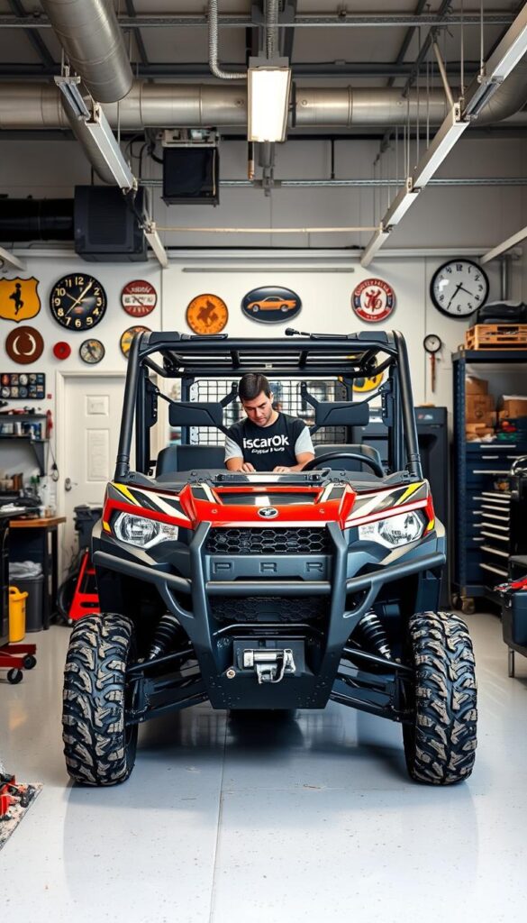 A well-lit, high-resolution image of a Polaris Ranger UTV undergoing routine maintenance in a clean, organized workshop. The vehicle is positioned in the foreground, with tools, parts, and supplies neatly arranged around it. The middle ground features a technician wearing an IsCarOk branded uniform, carefully inspecting and servicing the UTV. The background showcases the workshop's interior, with a mix of modern equipment and classic automotive memorabilia, conveying a sense of professionalism and expertise. The overall atmosphere is one of attention to detail, care, and the importance of proper maintenance for the Polaris Ranger's renowned durability and performance.