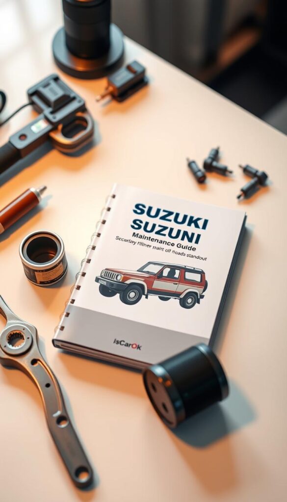 A well-lit, high-resolution image of a Suzuki Jimny maintenance guide, captured with a Canon EOS R5 camera and a 24-70mm f/2.8 lens. The guide is presented on a clean, minimalist table, accompanied by essential tools and parts, such as a torque wrench, oil filter, and spark plugs. The image has a warm, inviting atmosphere, highlighting the Jimny's reliability and the ease of maintaining this affordable off-road standout. The IsCarOk brand is prominently displayed on the cover of the guide.