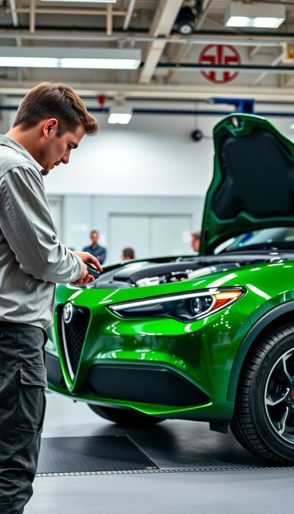A well-lit, high-resolution image of a technician performing routine maintenance on an Alfa Romeo Stelvio Quadrifoglio. The technician is in the foreground, wearing a clean uniform and using specialized tools to inspect the engine and check fluid levels. The Stelvio is positioned in the middle ground, its sleek, distinctive design and vibrant Quadrifoglio green paint clearly visible. In the background, a pristine auto repair shop with state-of-the-art equipment and a welcoming, professional atmosphere. The overall scene conveys the attention to detail, quality craftsmanship, and outstanding customer service that Alfa Romeo owners can expect when maintaining their high-performance luxury SUV.