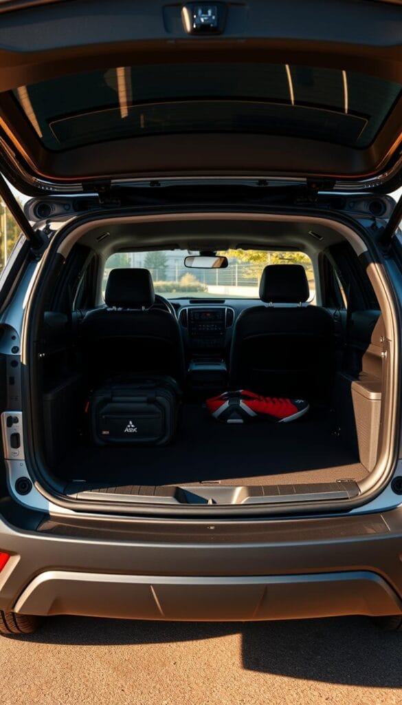 A well-lit, high-resolution image of the interior cargo space of a sleek and luxurious Mitsubishi ASX SUV. The spacious cargo area is showcased, with ample room for luggage, sports equipment, and other practical items. The scene is shot from an angle that highlights the depth and versatility of the storage compartment, with clean lines, soft leather seats, and refined design elements that convey the vehicle's premium quality. Warm, natural lighting illuminates the scene, creating a sense of warmth and functionality. The image captures the practical and sophisticated nature of the Mitsubishi ASX, emphasizing its suitability as an affordable, yet high-end SUV option.