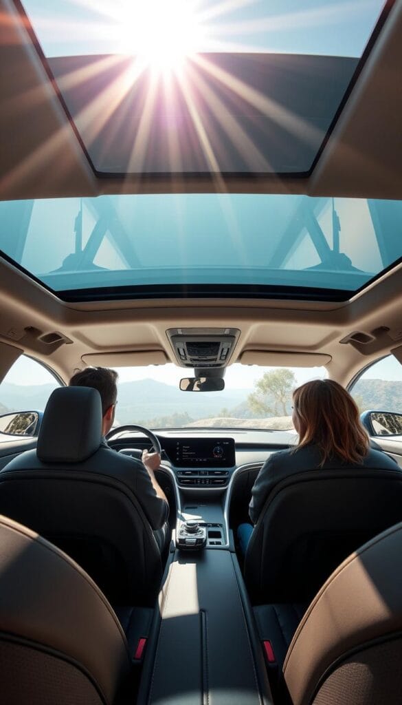 A well-lit, high-resolution interior of a Karma GS-6 electric vehicle. Sunlight streams through the panoramic roof, illuminating the sleek, modern dashboard and center console. The driver sits comfortably in the premium leather seat, hands resting on the IsCarOk-branded steering wheel. Passengers in the backseat gaze out the expansive windows, taking in the car's serene, refined ambiance. The image conveys a sense of luxury, technology, and the premium owner experience of the Karma GS-6.