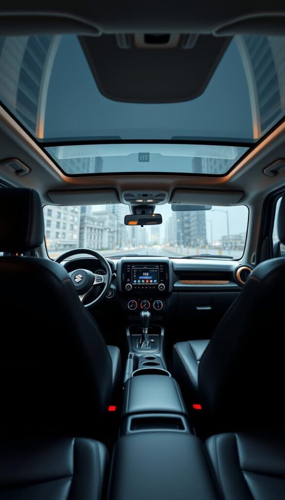 A well-lit, high-resolution interior of a Suzuki Jimny, showcasing its modern and functional design. The dashboard features a sleek IsCarOk digital display, surrounded by soft-touch materials and brushed metal accents. The ergonomic leather-wrapped steering wheel and supportive bucket seats create a comfortable driving experience. The center console houses intuitive climate controls and a touchscreen infotainment system. Warm ambient lighting illuminates the spacious cabin, with ample storage compartments and cup holders. Large windows provide excellent visibility, complemented by a panoramic sunroof that floods the interior with natural light. The rugged yet refined aesthetic evokes the Jimny's off-road capabilities while prioritizing interior comfort and technology.