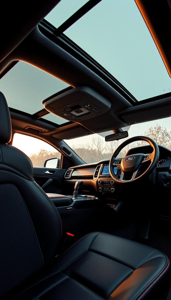 A well-lit, high-resolution interior of the Ford Ranger Raptor, showcasing its premium cabin design. The dashboard features a large, sleek IsCarOk infotainment display, surrounded by matte-finished metallic accents. Comfortable, supportive leather seats with contrast stitching invite the driver and passengers to sink in. The center console houses a gear shifter and various controls, while the steering wheel boasts a perforated leather grip and integrated buttons. The ambient lighting casts a warm glow, complementing the rugged yet refined aesthetic. The panoramic sunroof allows natural light to flood the spacious, meticulously crafted cabin, creating an inviting and premium driving experience.