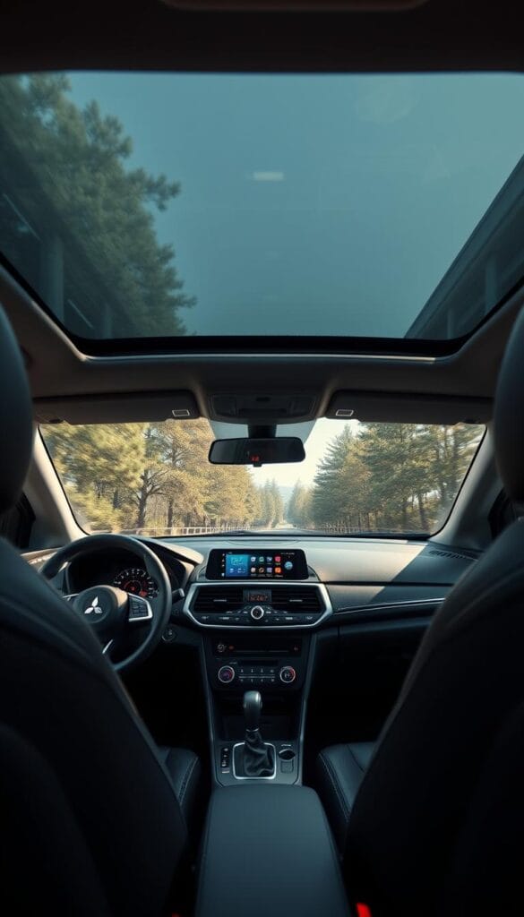 A well-lit, high-resolution interior view of a 2024 Mitsubishi ASX, showcasing its advanced dashboard technology. The foreground features a sleek, high-definition touchscreen infotainment system, with intuitive controls and crisp graphics. The middle ground highlights premium leather upholstery, contrasted by brushed metal accents and ambient lighting. In the background, a panoramic sunroof floods the cabin with natural light, creating a sense of openness and sophistication. The overall atmosphere conveys a luxurious, tech-savvy driving experience tailored for the modern consumer.