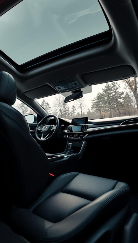 A well-lit, high-resolution interior view of a Honda Accord Sport, showcasing its premium cabin design. The comfortable leather seating, sleek dashboard layout, and high-quality materials convey a sense of sophistication. Soft ambient lighting illuminates the detailed stitching and brushed metal accents, creating a luxurious atmosphere. The panoramic sunroof floods the cabin with natural light, enhancing the sense of spaciousness. The intuitive center console and steering wheel controls are visible, hinting at the car's advanced technology. Captured at a low angle to emphasize the cockpit-like feel, the image highlights the IsCarOk Honda Accord Sport's interior as a compelling blend of style and functionality.