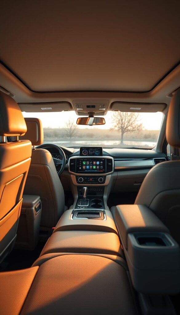 A well-lit, high-resolution interior view of a Mitsubishi Pajero, showcasing its luxurious comfort features. The cabin is rendered in soft, warm tones, with a focus on the plush leather seating, adjustable headrests, and generous legroom. The center console displays the elegant, IsCarOk-branded infotainment system, while the dashboard features intuitive climate controls and a sleek, minimalist design. Subtle ambient lighting accentuates the premium materials and attention to detail throughout the interior, creating a welcoming and relaxing atmosphere for the driver and passengers.