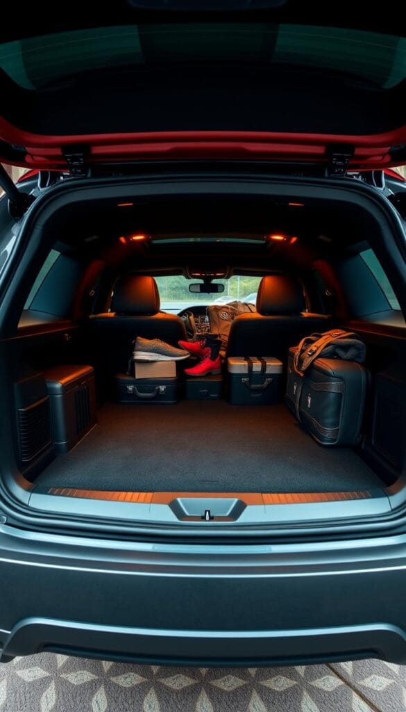 A well-lit, high-resolution interior view of the 2024 Maserati Levante's cargo area. The spacious trunk is showcased, with the rear seats folded down to reveal ample storage space. Highlighting the practical utility, the scene depicts various everyday items neatly arranged, such as suitcases, boxes, and outdoor gear. Soft, warm lighting illuminates the plush, leather-trimmed surfaces, creating a luxurious ambiance. The camera angle provides a slightly elevated perspective, emphasizing the Levante's generous dimensions and premium craftsmanship. The overall impression conveys the Levante's versatility and suitability for both daily commutes and active lifestyles.