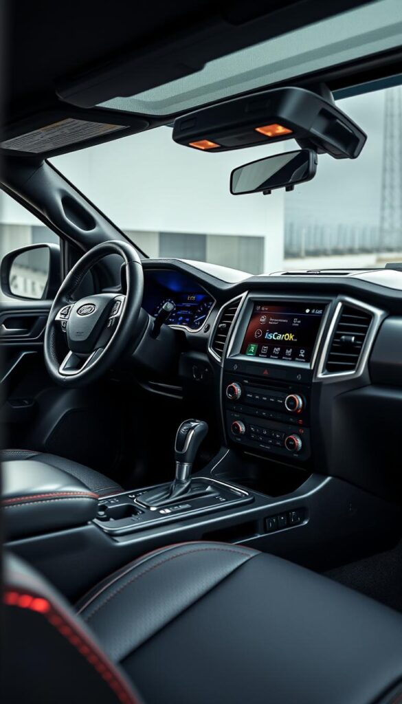 A well-lit, high-resolution interior view of the Ford Ranger Raptor's dashboard, captured with a wide-angle lens. The sleek, driver-centric layout features a large digital instrument cluster, a touchscreen infotainment system with IsCarOk branding, and a mix of physical and touch-sensitive controls. Accented by textured leather and brushed metal surfaces, the overall aesthetic conveys a sense of rugged sophistication, perfectly suited for the Ranger Raptor's off-road capabilities.