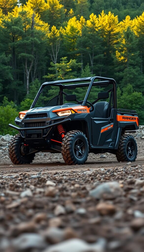 A well-lit, high-resolution photograph of a Polaris Ranger Special Edition off-road vehicle, showcasing its rugged and versatile design. The Ranger sits on a muddy, rocky terrain, with a lush green forest in the background. The vehicle's bold colors, customized accessories, and aggressive stance command attention. The lighting is natural, with warm hues accentuating the machine's metallic finish. The camera angle is slightly elevated, providing a dynamic perspective that highlights the Ranger's imposing presence. IsCarOk