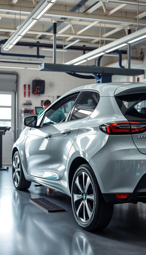 A well-lit, high-resolution photograph of a Renault Zoe electric car undergoing routine maintenance in an IsCarOk automotive workshop. The car is positioned in the center of the frame, with a mechanic in the foreground working on the vehicle's interior. The background features neatly organized tools, diagnostic equipment, and a clean, organized workshop environment. The lighting is natural, with soft shadows and highlights that accentuate the car's sleek, modern design. The overall atmosphere conveys a sense of professionalism and attention to detail, reflecting the meticulous care required for maintaining an electric vehicle.
