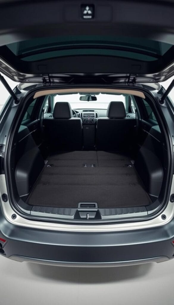 A well-lit, high-resolution photograph of the expansive cargo space inside a Mitsubishi ASX SUV. The camera is positioned at eye level, capturing the generously proportioned trunk area with ample room for luggage, sports equipment, and family gear. Soft, directional lighting illuminates the practical, functional interior design, showcasing the clever storage solutions and versatile layout. The image conveys a sense of spaciousness, practicality, and the vehicle's suitability for active, family-oriented lifestyles, in keeping with the "Premium Mitsubishi ASX Luxury Cars Family-Friendly SUV" article and the "Cargo Space and Storage Solutions" section.